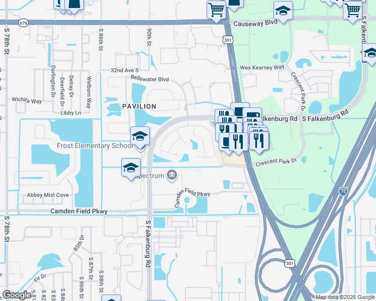 map of restaurants, bars, coffee shops, grocery stores, and more near 4014 Water Park Court in Riverview