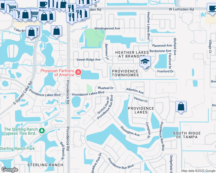 map of restaurants, bars, coffee shops, grocery stores, and more near 1502 Kestrel Way in Brandon