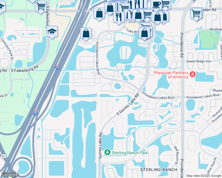 map of restaurants, bars, coffee shops, grocery stores, and more near 2512 Oleander Lakes in Brandon