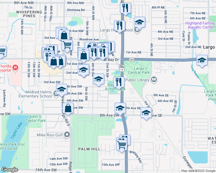 map of restaurants, bars, coffee shops, grocery stores, and more near 346 2nd Street Southwest in Largo