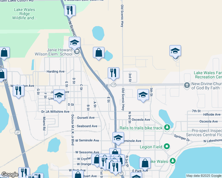 map of restaurants, bars, coffee shops, grocery stores, and more near 730 North Scenic Highway in Lake Wales