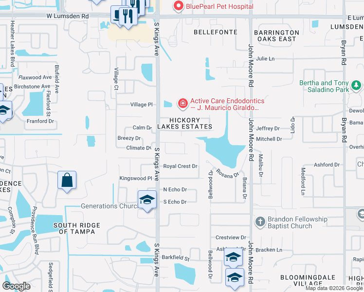 map of restaurants, bars, coffee shops, grocery stores, and more near 607 Vintage Way in Brandon