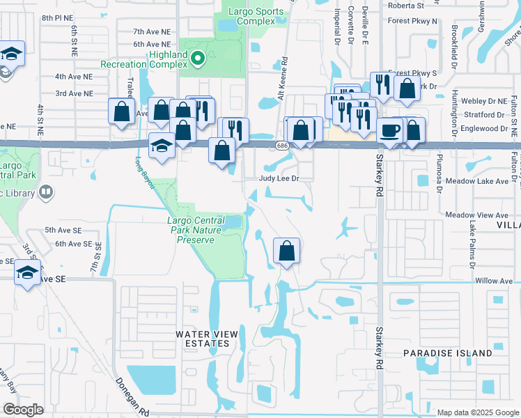 map of restaurants, bars, coffee shops, grocery stores, and more near 605 Countryclub Drive in Largo