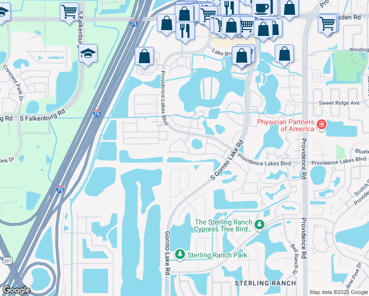 map of restaurants, bars, coffee shops, grocery stores, and more near 2525 Oleander Lakes Drive in Brandon