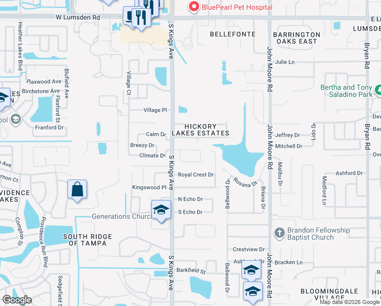 map of restaurants, bars, coffee shops, grocery stores, and more near 614 Vintage Way in Brandon