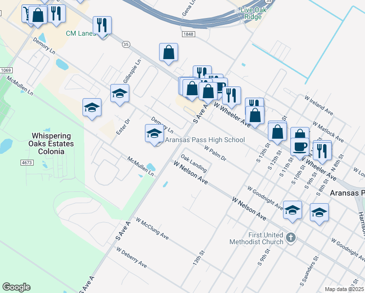 map of restaurants, bars, coffee shops, grocery stores, and more near 402 Oak Glen Drive in Aransas Pass