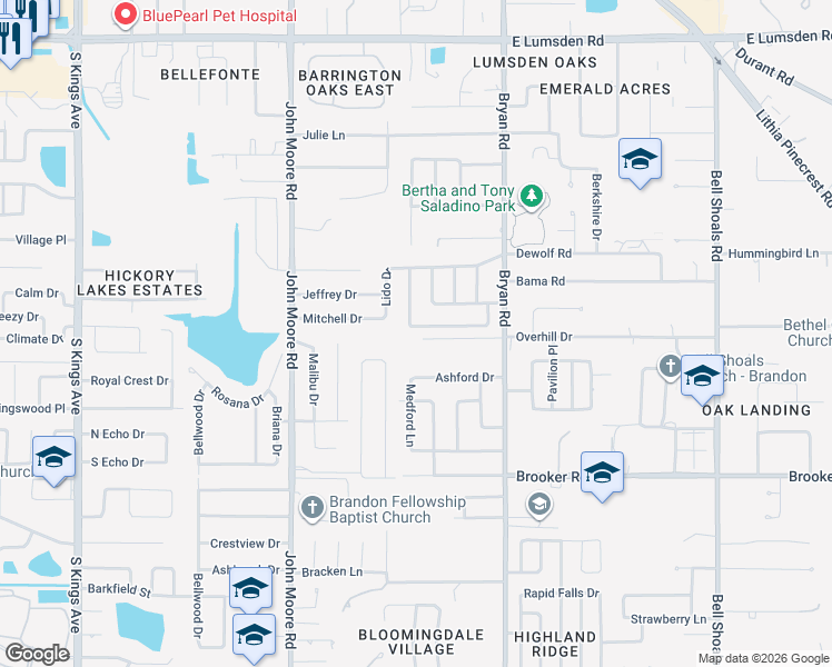 map of restaurants, bars, coffee shops, grocery stores, and more near 403 Green Arbor Drive in Brandon