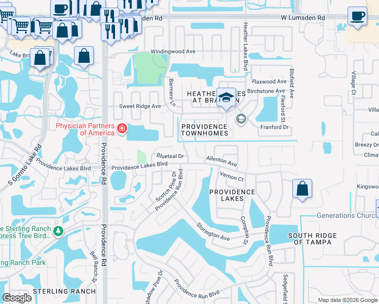 map of restaurants, bars, coffee shops, grocery stores, and more near 1620 Allentown Avenue in Brandon