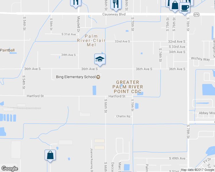 map of restaurants, bars, coffee shops, grocery stores, and more near 3808 South 66th Street in Tampa