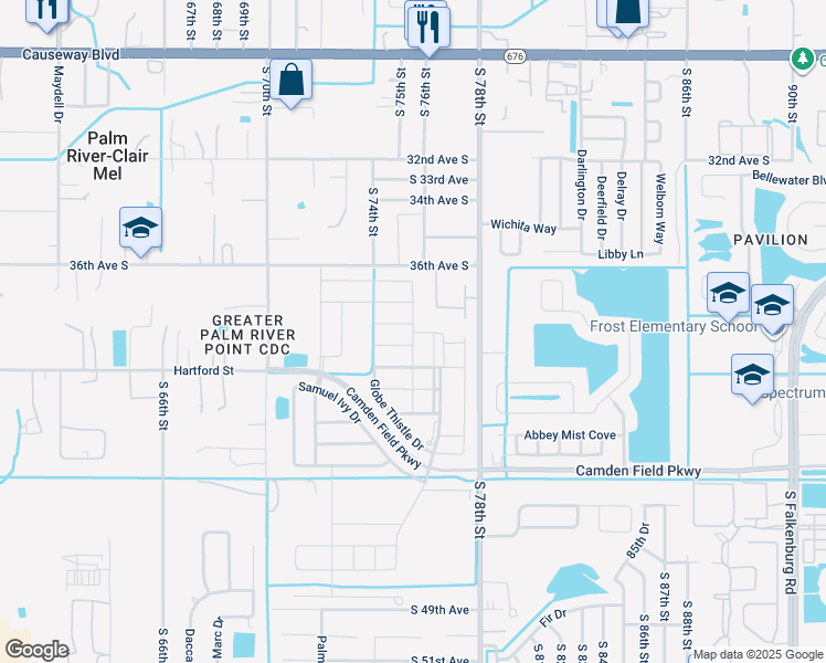 map of restaurants, bars, coffee shops, grocery stores, and more near 7415 Rosy Periwinkle Court in Tampa