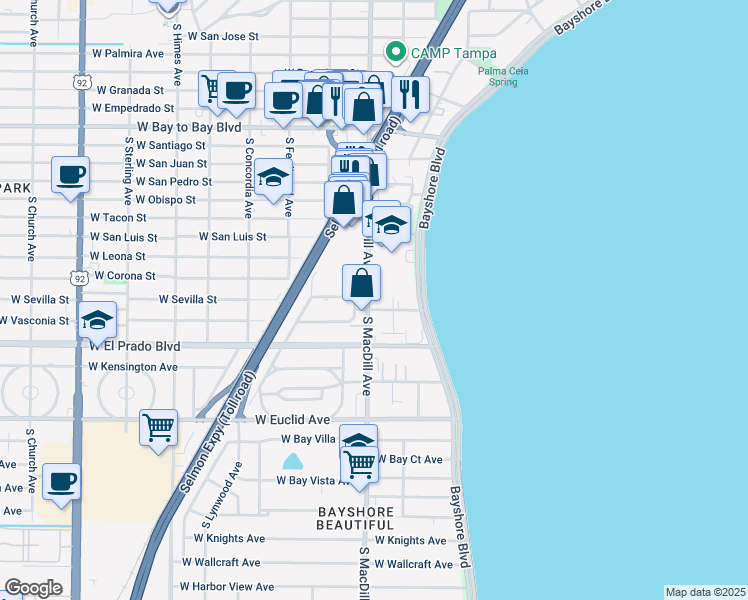 map of restaurants, bars, coffee shops, grocery stores, and more near 3103 North Julia Circle in Tampa