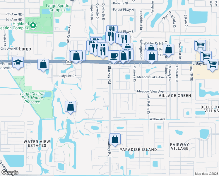 map of restaurants, bars, coffee shops, grocery stores, and more near 598 Starkey Road in Largo