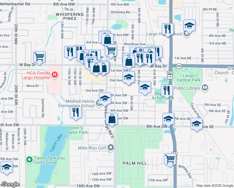 map of restaurants, bars, coffee shops, grocery stores, and more near 357 Ridge Road Southwest in Largo