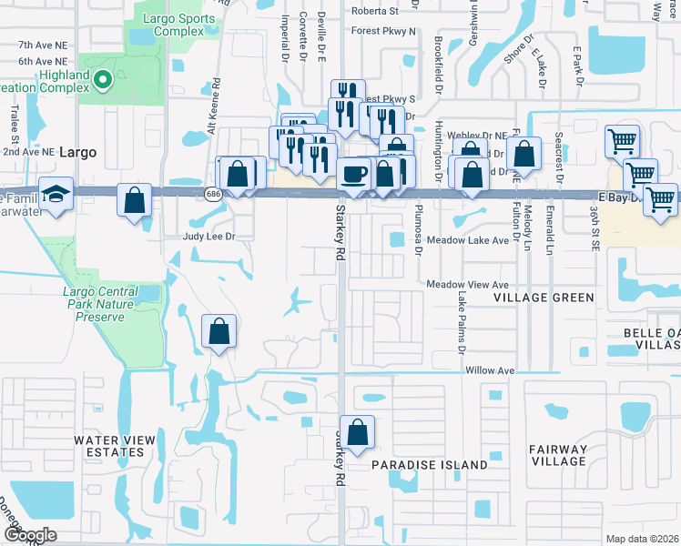 map of restaurants, bars, coffee shops, grocery stores, and more near 598 Starkey Road in Largo