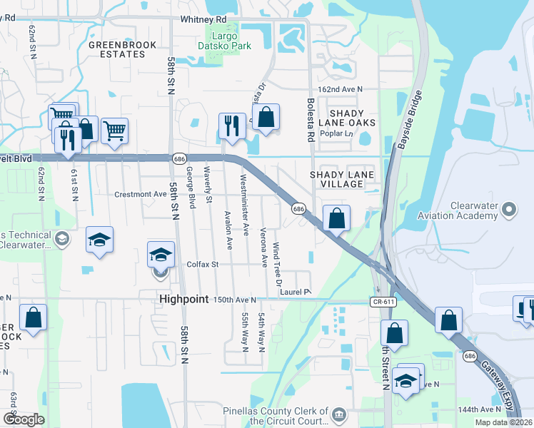 map of restaurants, bars, coffee shops, grocery stores, and more near 15528 Verona Avenue in Clearwater