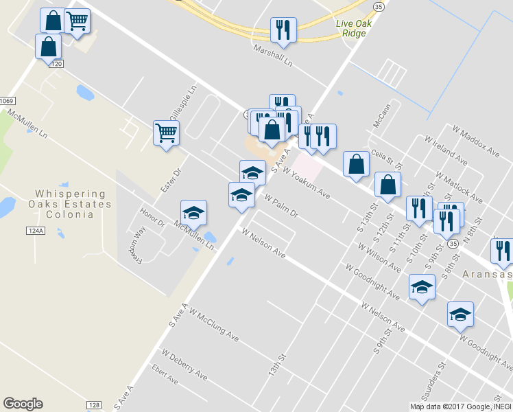 map of restaurants, bars, coffee shops, grocery stores, and more near 402 Oak Glen Drive in Aransas Pass