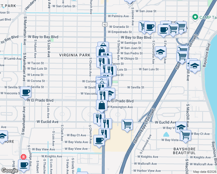 map of restaurants, bars, coffee shops, grocery stores, and more near 3710 West Griflow Street in Tampa