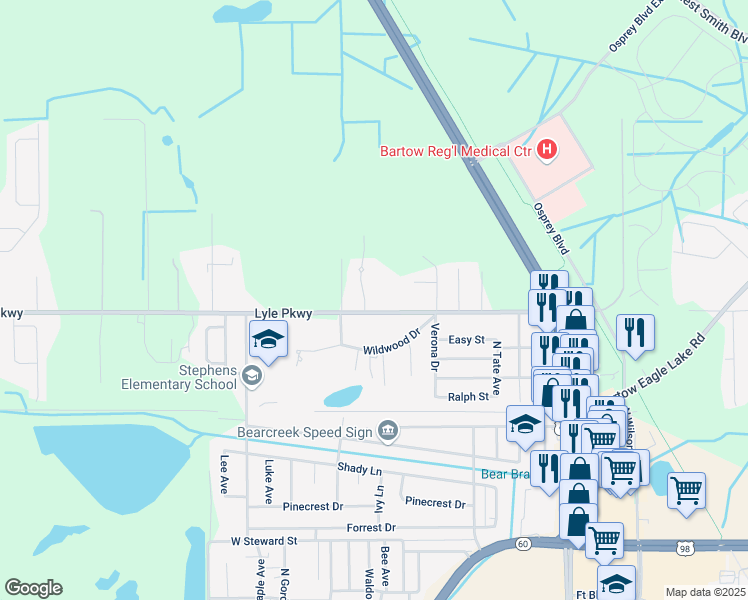 map of restaurants, bars, coffee shops, grocery stores, and more near 1800 Wardlaw Drive in Bartow