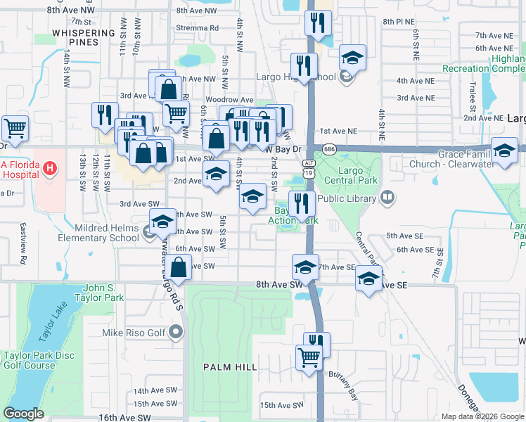 map of restaurants, bars, coffee shops, grocery stores, and more near 224 4th Avenue Southwest in Largo