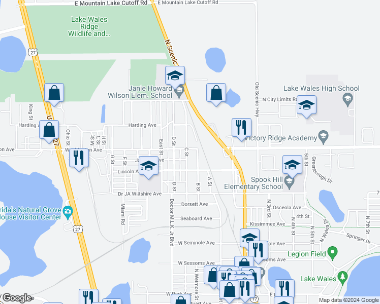 map of restaurants, bars, coffee shops, grocery stores, and more near 241 C Street in Lake Wales