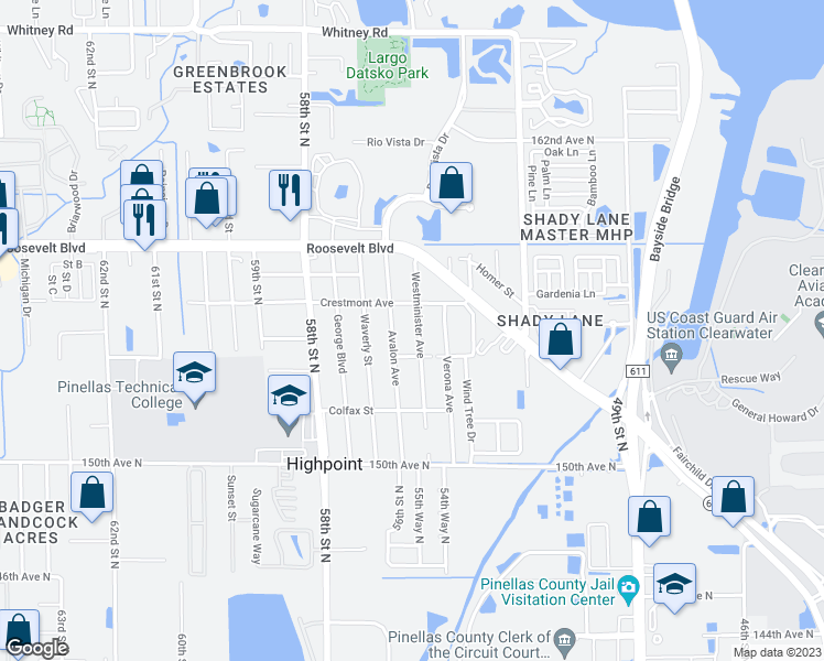 map of restaurants, bars, coffee shops, grocery stores, and more near 15531 Avalon Avenue in Clearwater