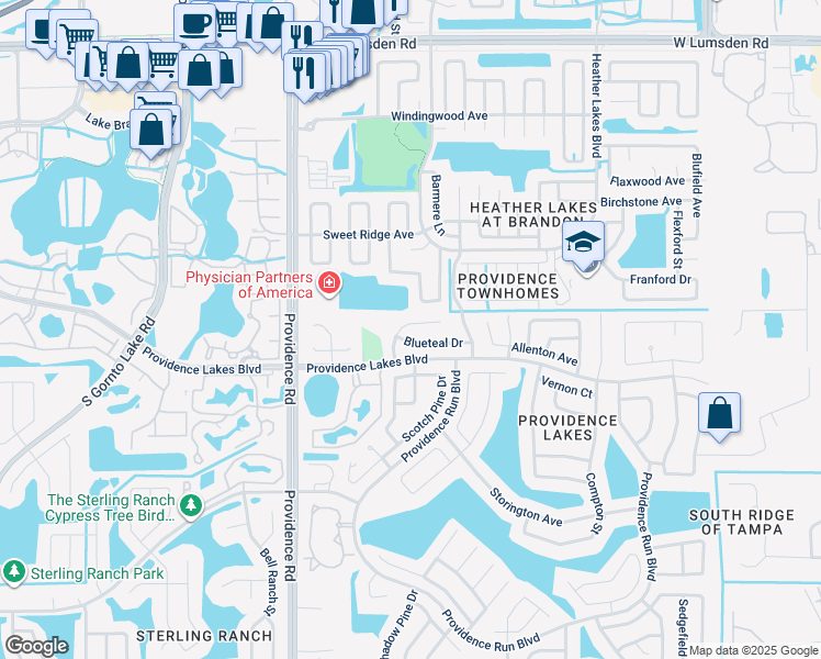 map of restaurants, bars, coffee shops, grocery stores, and more near 1516 Kestrel Way in Brandon