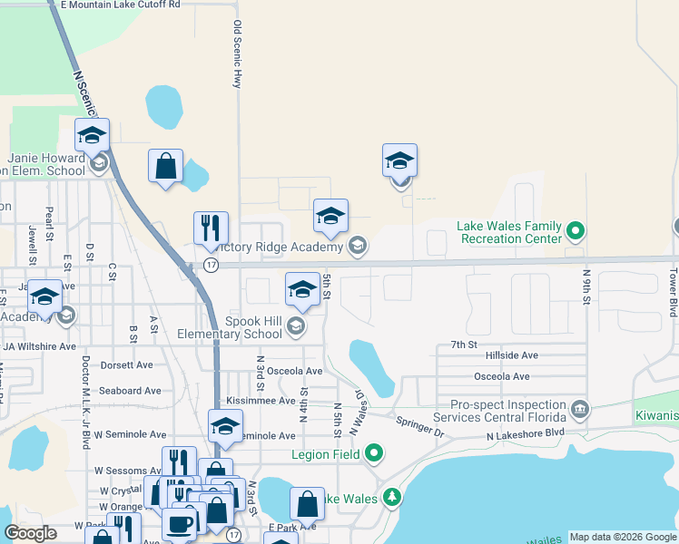 map of restaurants, bars, coffee shops, grocery stores, and more near 501 Greenview Terrace in Lake Wales