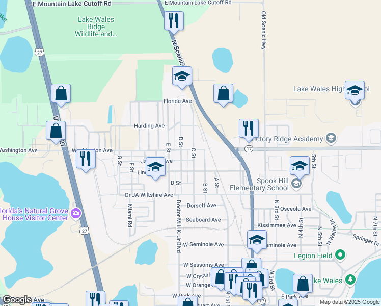 map of restaurants, bars, coffee shops, grocery stores, and more near 241 C Street in Lake Wales