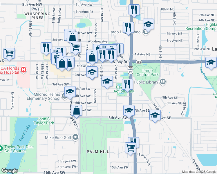 map of restaurants, bars, coffee shops, grocery stores, and more near 224 4th Avenue Southwest in Largo