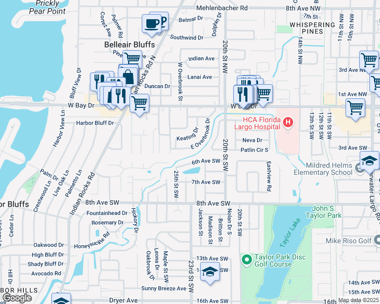 map of restaurants, bars, coffee shops, grocery stores, and more near 327 East Overbrook Drive in Largo