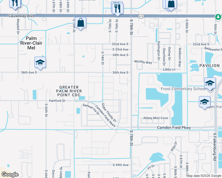 map of restaurants, bars, coffee shops, grocery stores, and more near 7415 Rosy Periwinkle Court in Tampa