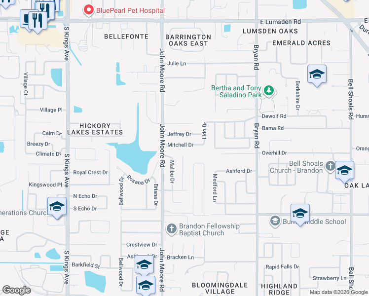 map of restaurants, bars, coffee shops, grocery stores, and more near 113 Mitchell Drive in Brandon