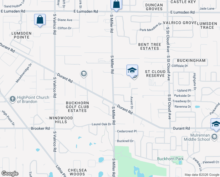 map of restaurants, bars, coffee shops, grocery stores, and more near 1706 South Miller Road in Valrico