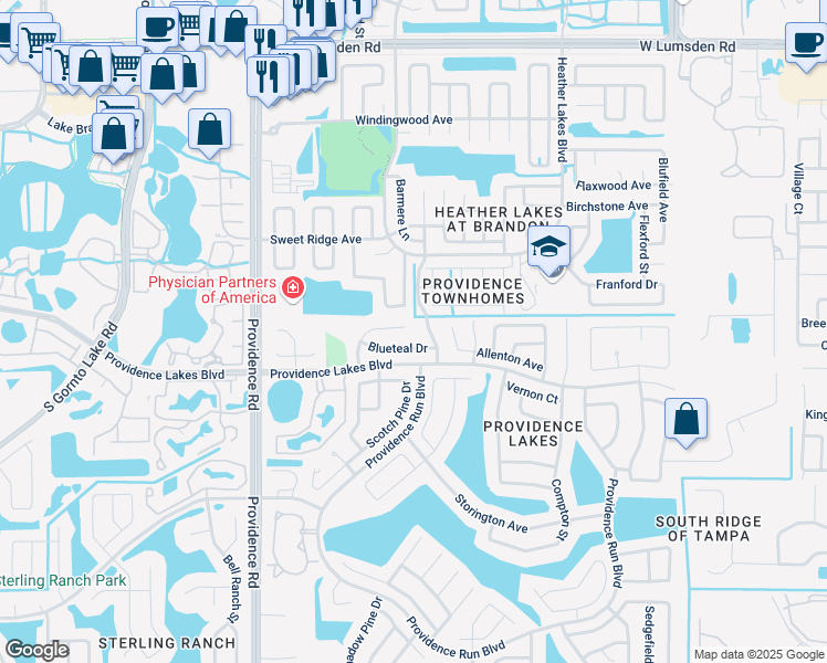 map of restaurants, bars, coffee shops, grocery stores, and more near 1502 Kestrel Way in Brandon