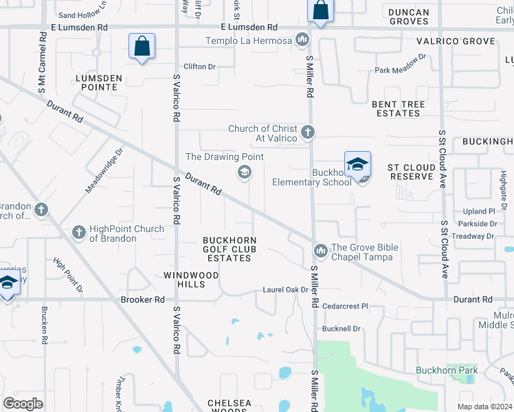 map of restaurants, bars, coffee shops, grocery stores, and more near 2214 Durant Road in Valrico