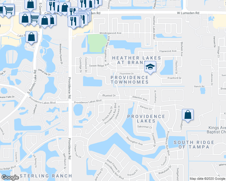 map of restaurants, bars, coffee shops, grocery stores, and more near 1502 Kestrel Way in Brandon