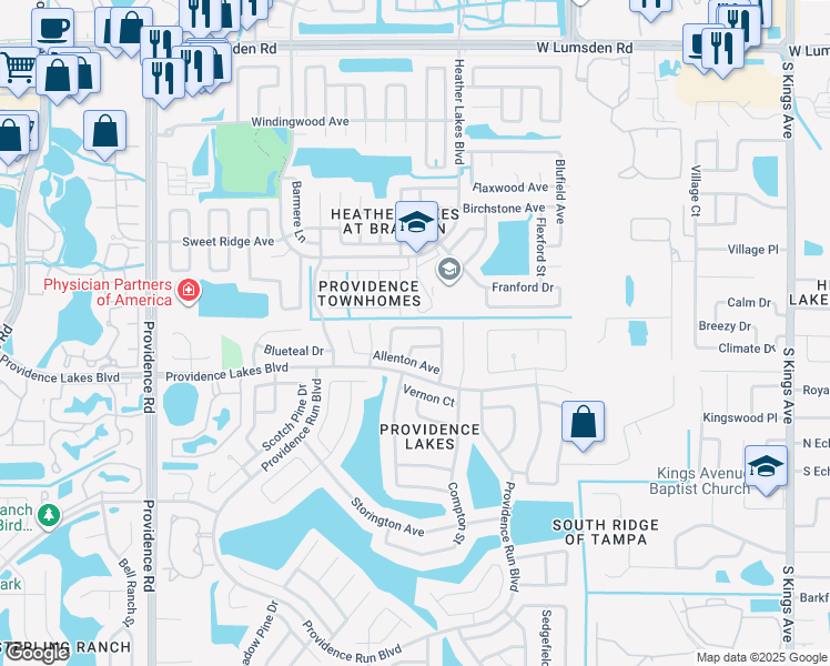 map of restaurants, bars, coffee shops, grocery stores, and more near 1440 Tiverton Drive in Brandon