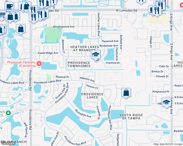 map of restaurants, bars, coffee shops, grocery stores, and more near 1434 Tiverton Dr in Brandon