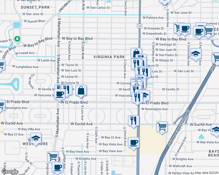 map of restaurants, bars, coffee shops, grocery stores, and more near 4001 West Sevilla Street in Tampa