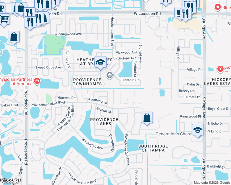 map of restaurants, bars, coffee shops, grocery stores, and more near 1408 Compton Street in Brandon