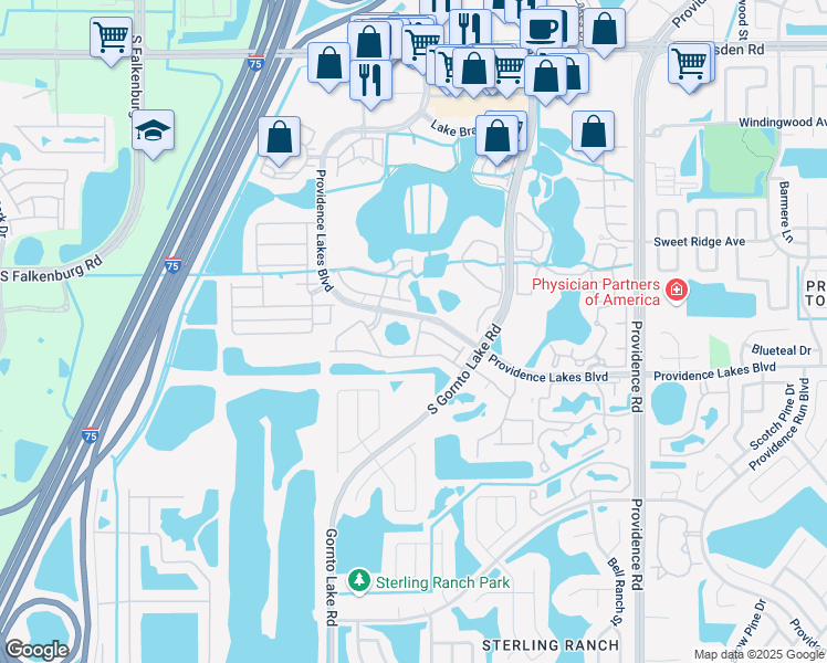 map of restaurants, bars, coffee shops, grocery stores, and more near 1513 Water Terrace Lane in Brandon
