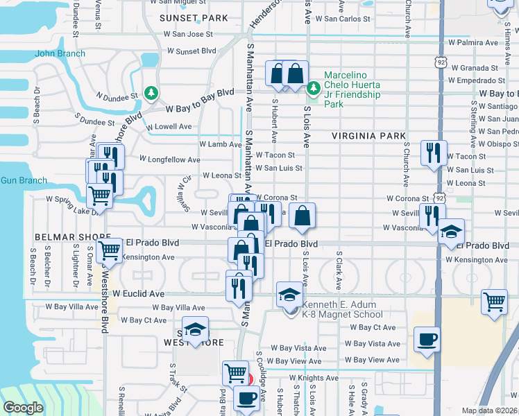 map of restaurants, bars, coffee shops, grocery stores, and more near 4307 West Sevilla Street in Tampa