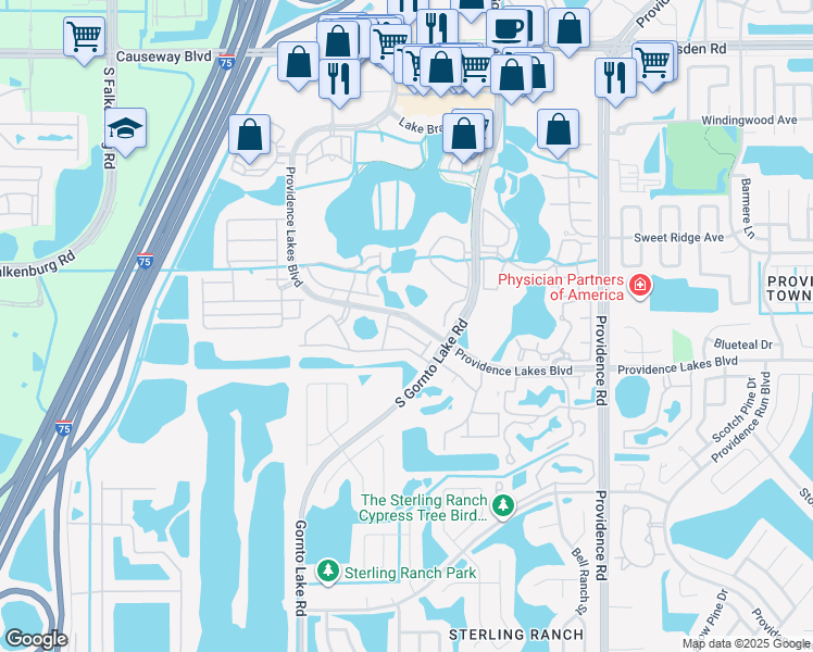 map of restaurants, bars, coffee shops, grocery stores, and more near 2417 Hibiscus Bay Lane in Brandon