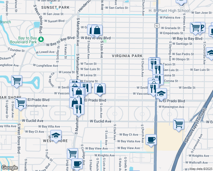 map of restaurants, bars, coffee shops, grocery stores, and more near 4117 West Sevilla Street in Tampa