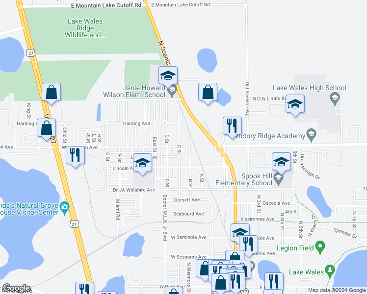 map of restaurants, bars, coffee shops, grocery stores, and more near 241 C Street in Lake Wales