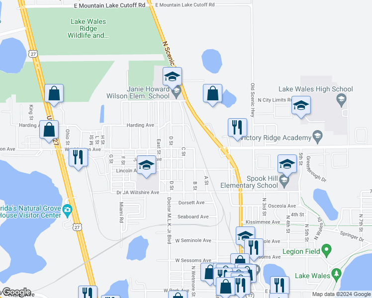map of restaurants, bars, coffee shops, grocery stores, and more near 241 C Street in Lake Wales