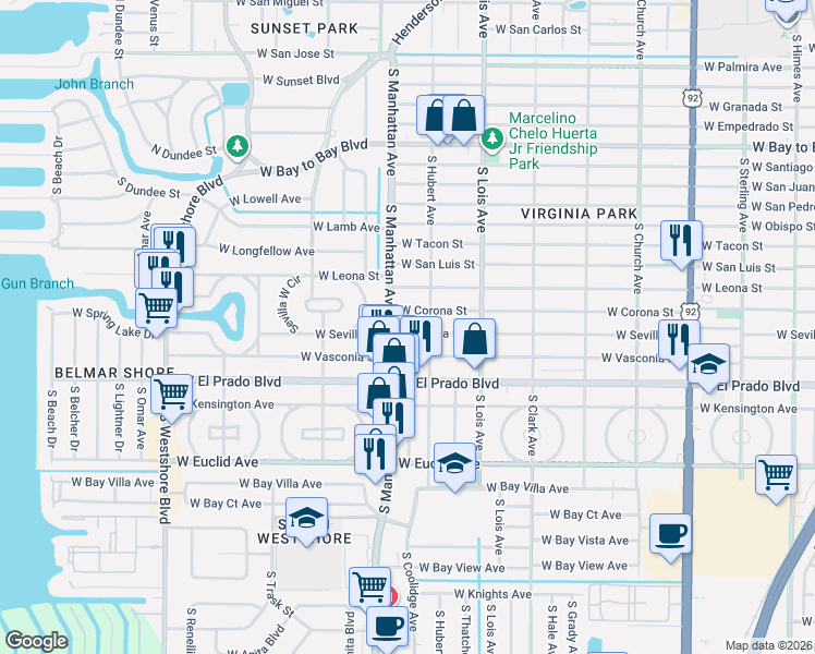 map of restaurants, bars, coffee shops, grocery stores, and more near 4301 West Sevilla Street in Tampa