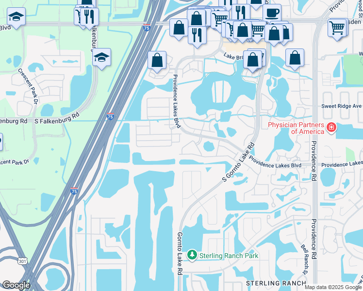 map of restaurants, bars, coffee shops, grocery stores, and more near 2647 Oleander Lakes Drive in Brandon