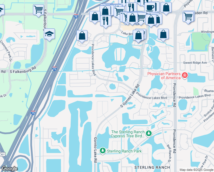 map of restaurants, bars, coffee shops, grocery stores, and more near 2525 Oleander Lakes Drive in Brandon
