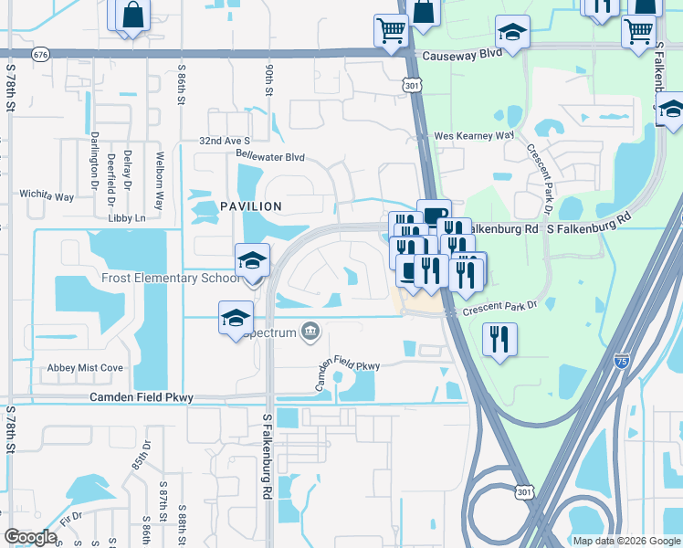 map of restaurants, bars, coffee shops, grocery stores, and more near 4014 Water Park Court in Riverview